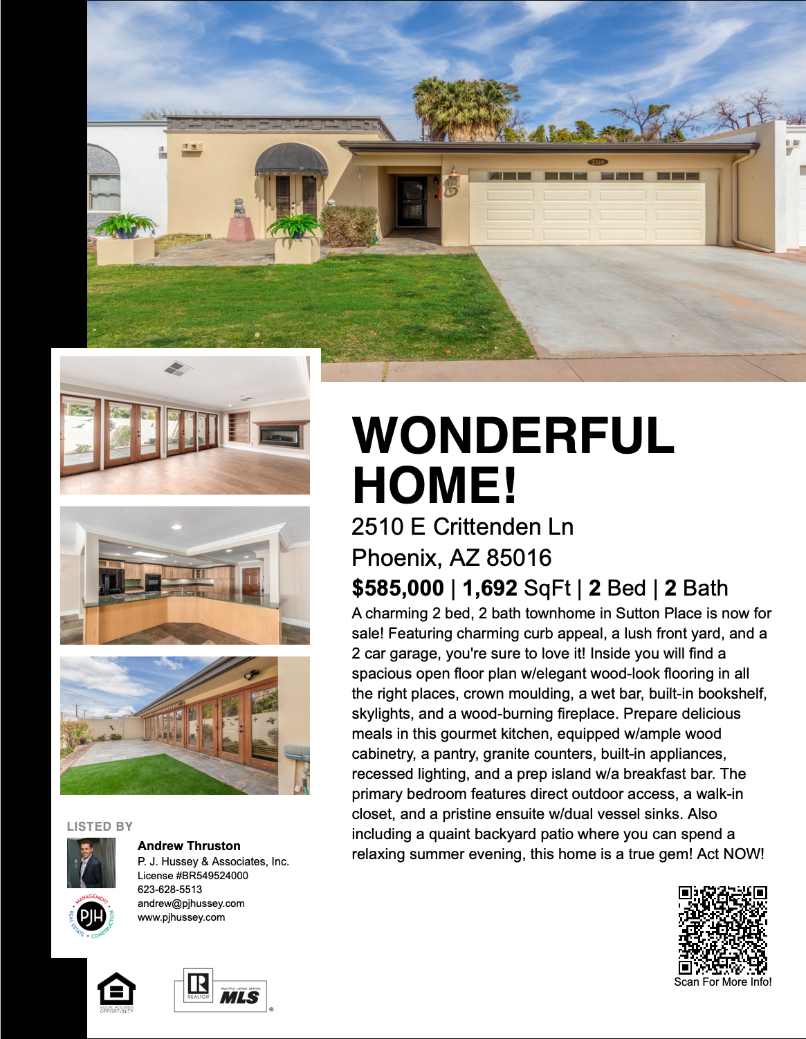 Real estate flyer for a stunning 2-bedroom, 2-bath townhome at 2510 E Crittenden Ln, Phoenix, AZ 85016. Features include a spacious open floor plan, wood-look flooring, crown molding, skylights, a wet bar, built-in bookshelves, a gourmet kitchen with granite countertops, and a cozy backyard patio. Listed by Andrew Thruston, P.J. Hussey & Associates, Inc.